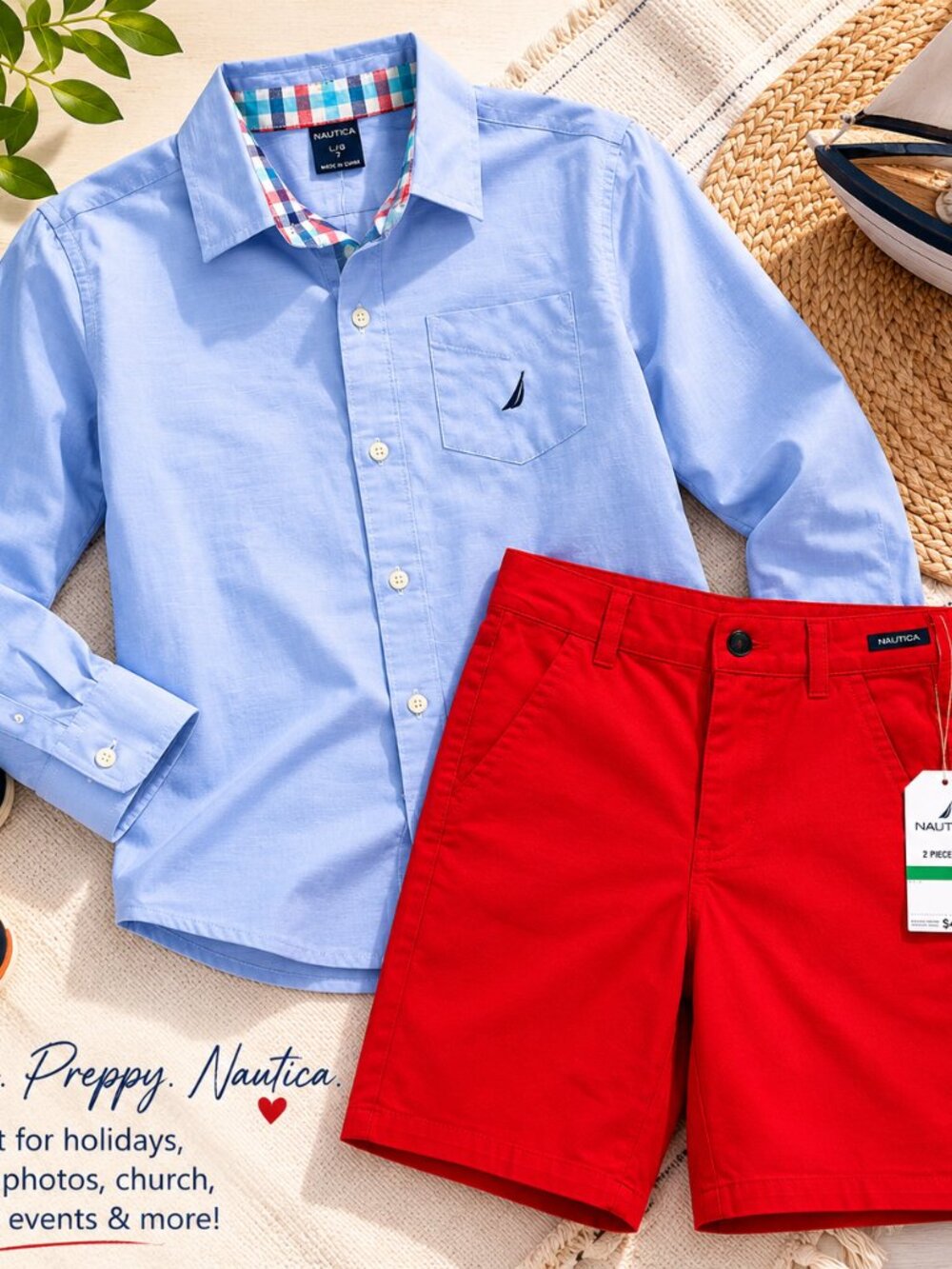 Nautica Boys 2 Piece Outfit Set Size 7 Blue Button Shirt Red Shorts NWT